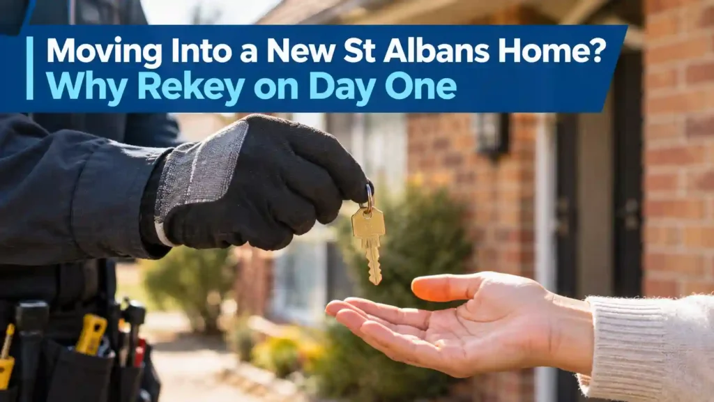 Locksmith handing a freshly cut key to a new homeowner in St Albans